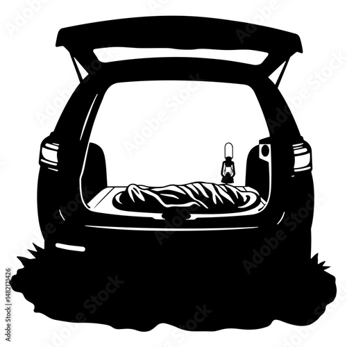 Silhouette of sleeping bag and lantern in open trunk, adventure concept