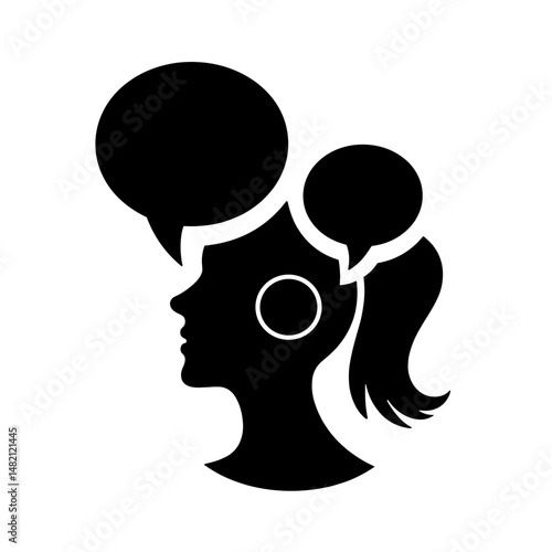 Voice assistant icon with language bubbles on white background, communication