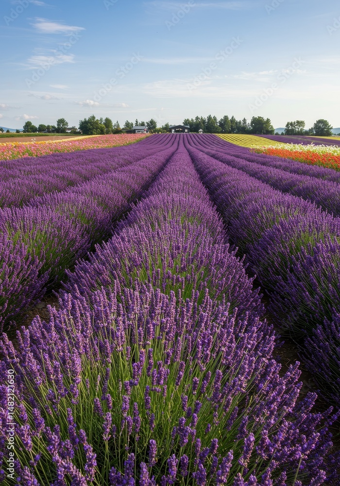 Naklejka premium Photo of Lavender Field Rows Under Blue Sky