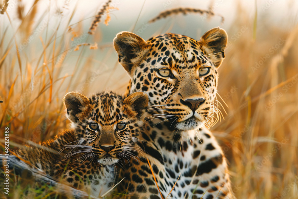 Obraz premium a mother leopard and her cub in the wild