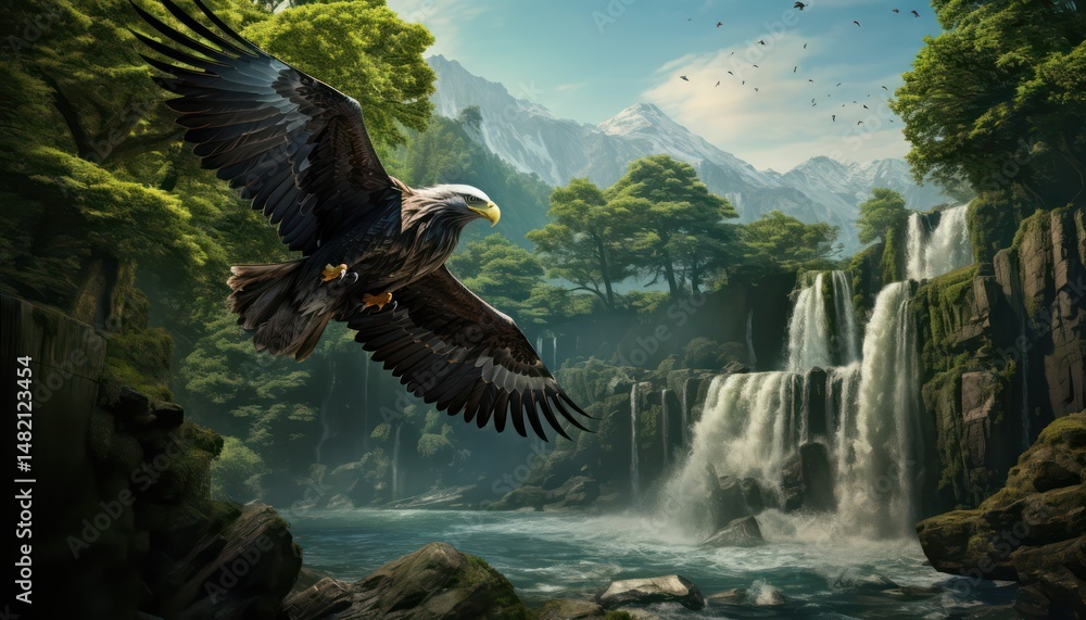 Fototapeta premium Eagle flying freely above the sky, with a stunning mountain backdrop at sunrise view