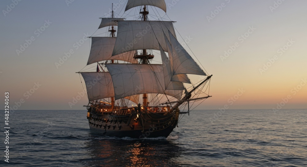 Obraz premium Sailing Ship on Ocean at Sunset