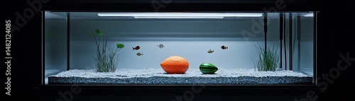 A tranquil aquarium scene features oranges, avocado, and live fish. Plants enhance the decor, fish swims,  light enhances the tranquility.  The overall composition is minimalist