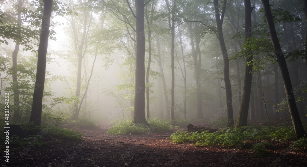Photo of Misty Forest Path in Morning Sunlight Photo of Misty Forest Path in Morning Sunlight