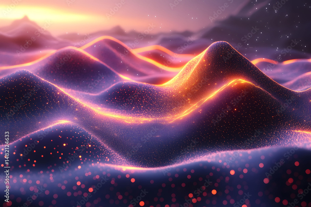 Futuristic Glowing Landscape with Abstract Neon Waves at Sunset for Digital Art and Design Futuristic Glowing Landscape with Abstract Neon Waves at Sunset for Digital Art and Design