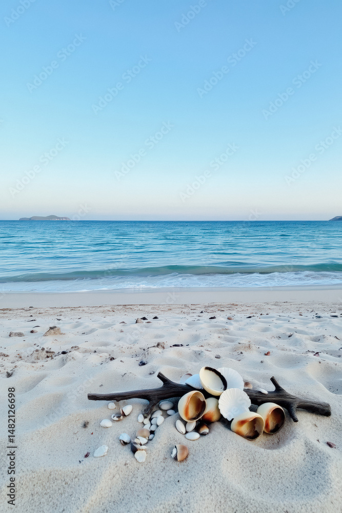 Naklejka premium Seashells Clustered on a Beach Branch