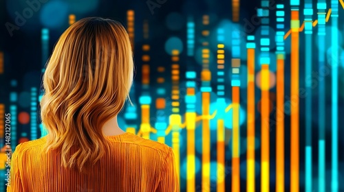 A woman analyzes digital data visualizations with colorful graphs and charts in a tech-driven environment.