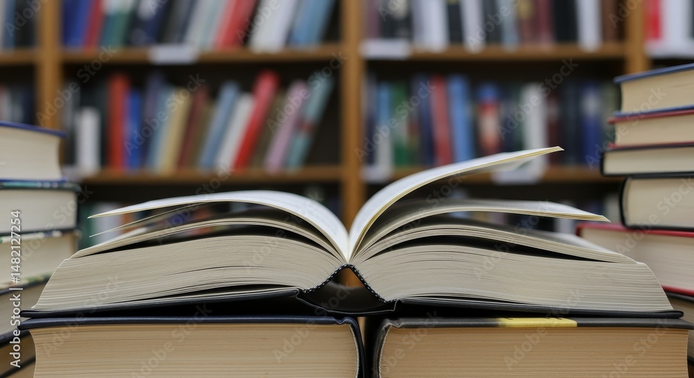 Photo of Open Book on Stack of Books in Library Photo of Open Book on Stack of Books in Library