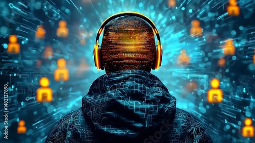 A person in a digital hoodie with headphones, surrounded by glowing icons and a futuristic, tech-inspired background.