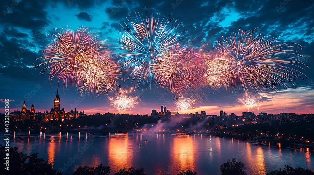 Obraz premium fireworks bursting over Ottawa skyline on Canada Day night