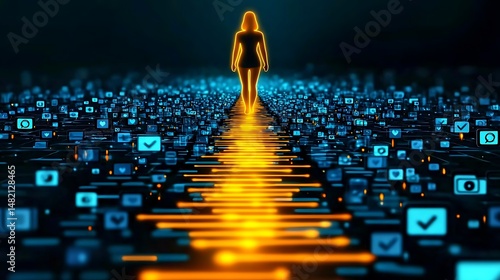 A person walks on a glowing digital path surrounded by floating icons, symbolizing navigating the digital world or technology.