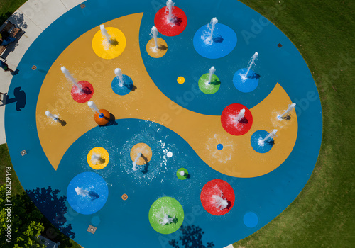 Aerial view of a colorful splash pad with water fountains
