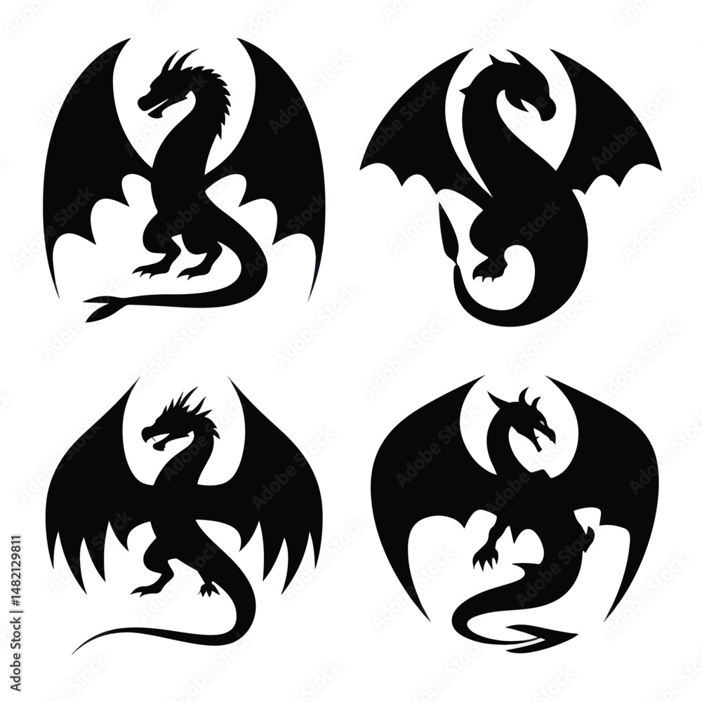 Vector silhouette set of dragon on white background Vector silhouette set of dragon on white background