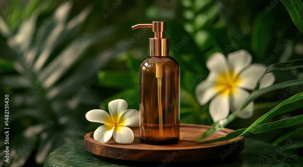 Amber bottle with pump dispenser on wooden tray, surrounded by tropical foliage and flowers Amber bottle with pump dispenser on wooden tray, surrounded by tropical foliage and flowers