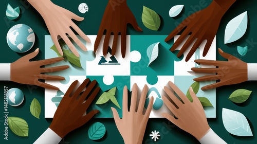 Flat lay of eco-friendly icons in puzzle form with hands from diverse team reaching in, symbolizing collaborative ESG commitment