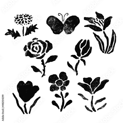 切り絵のような様々な花の手書きアイコンイラスト