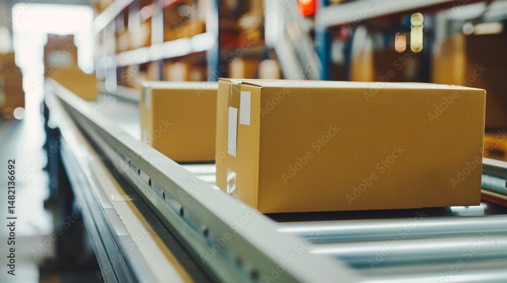 Obraz premium Stacked Cardboard Boxes on Conveyor Belt in Warehouse Preparing for Shipping and Delivery of Ecommerce Goods and Packages