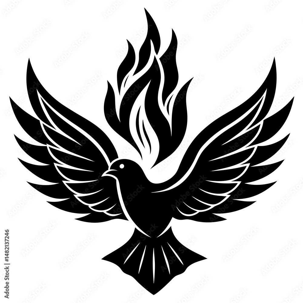 Fototapeta premium vector silhouette of a gold lined Holy Spirit dove over red flames vector silhouette