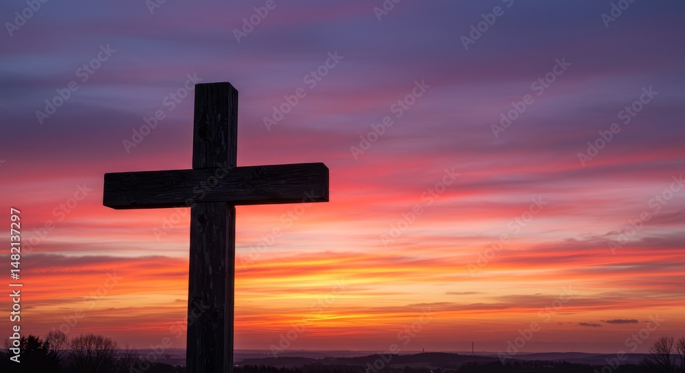 Photo of Silhouette of Wooden Cross at Vibrant Sunset Photo of Silhouette of Wooden Cross at Vibrant Sunset