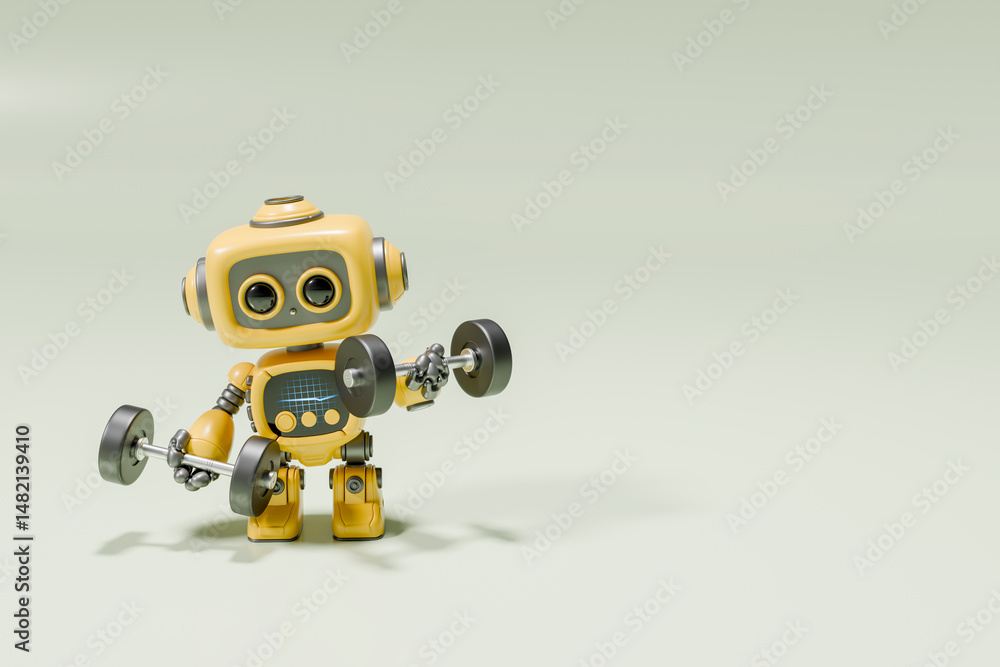 3D rendering of a cute yellow robot lifting dumbbells in a gym setting 3D rendering of a cute yellow robot lifting dumbbells in a gym setting