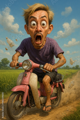 A young man drives an old motorcycle on a road in the middle of a rice field, feeling excited.