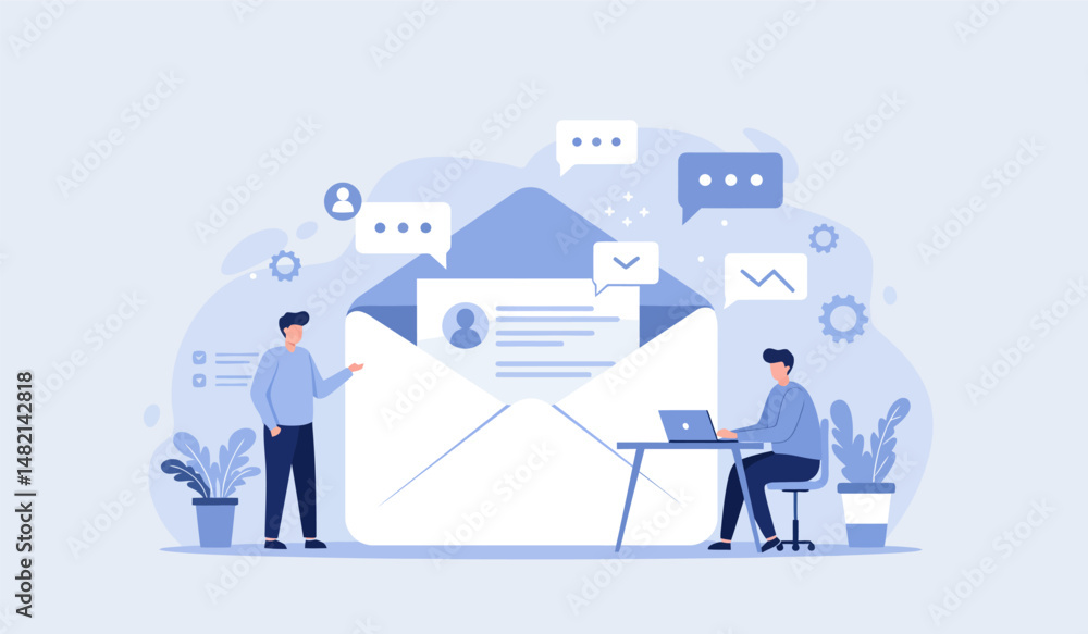 Email communication and networking concept with characters and speech bubbles Email communication and networking concept with characters and speech bubbles