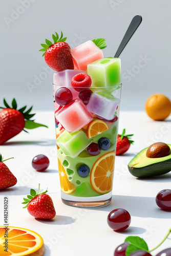 AI Generative. Colorful Fruit Jelly Dessert Parfait on White Background. 3