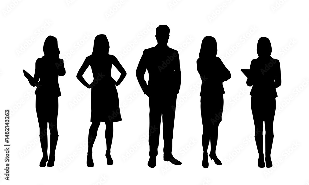 Business people, group of isolated vector silhouettes of women and man in formal attire