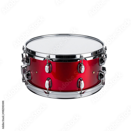 red snare drum with shiny chrome finish, showcasing its polished hardware and clear drumhead. This instrument is perfect for musicians looking to add bold touch to their performance