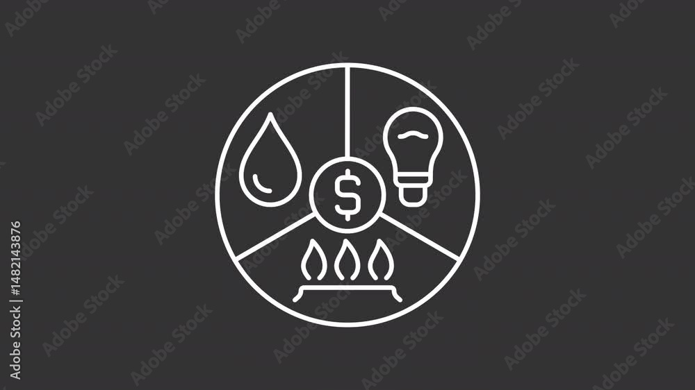 Paying bills white line animation. House utility taxes animated icon. Spinning money sign. Scaling pie diagram sections. Taxation, finance. Isolated element on dark background. Alpha transparent video Paying bills white line animation. House utility taxes animated icon. Spinning money sign. Scaling pie diagram sections. Taxation, finance. Isolated element on dark background. Alpha transparent video