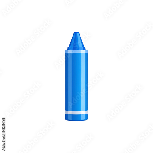 blue crayon stands upright against plain background, showcasing its smooth surface and pointed tip, perfect for creative drawing and coloring activities