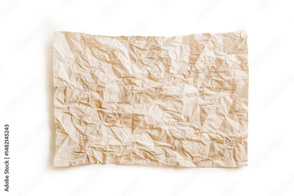 Obraz premium Crumpled brown paper sheet resting on a white background creates a textured visual element for creative projects