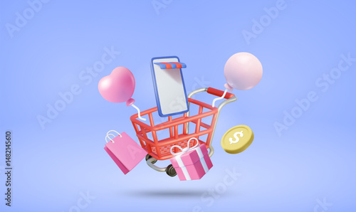 3D vector illustration rendering of online shopping concept with shopping cart and mobile shop surrounded by shopping bags, gift boxes, balloons and coins. Lively festive atmosphere.