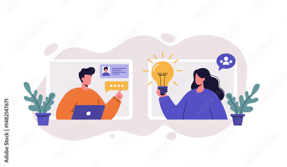 Obraz premium Virtual teamwork and idea sharing, remote collaboration concept for digital communication design