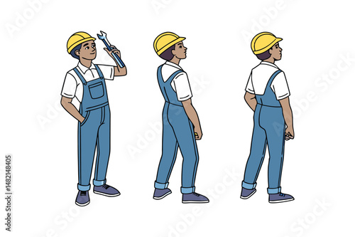 Technician worker wearing helmet, overall uniform, protective goggles, construction worker in a helmet and overalls put on goggles protective glasses on a white background.