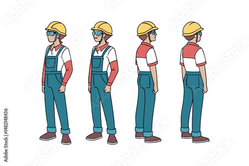 Technician worker wearing helmet, overall uniform, protective goggles, construction worker in a helmet and overalls put on goggles protective glasses on a white background.