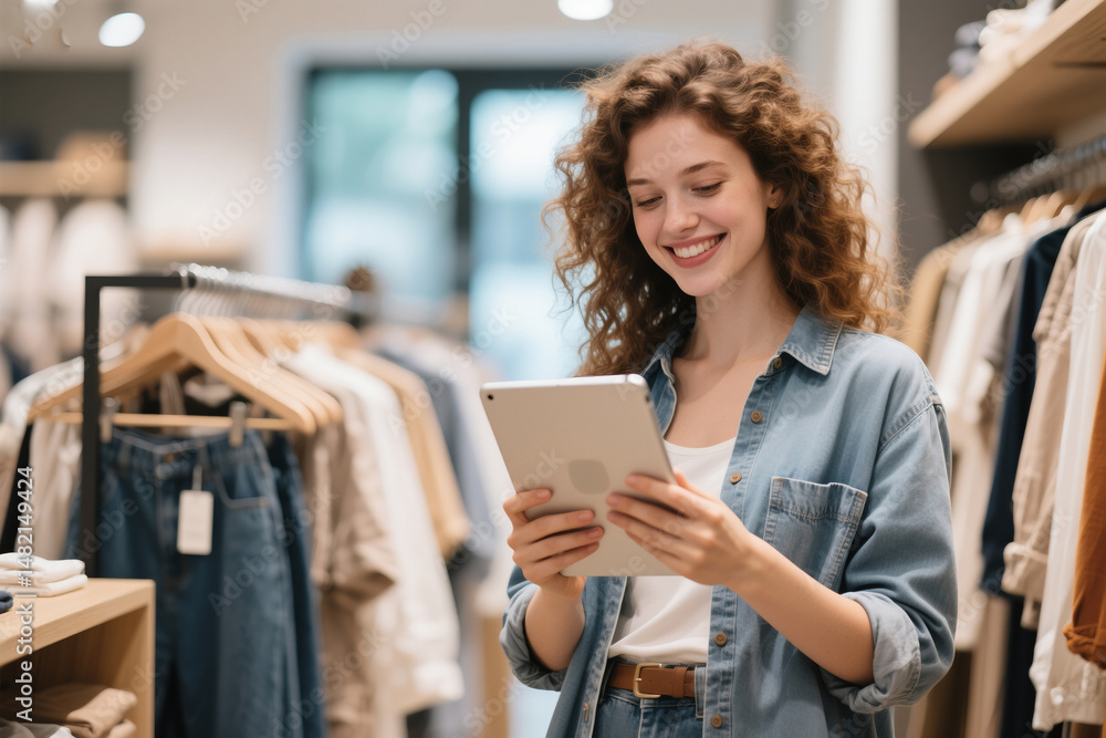 Fototapeta premium Smiling young woman uses tablet in clothing store to manage online sales and business
