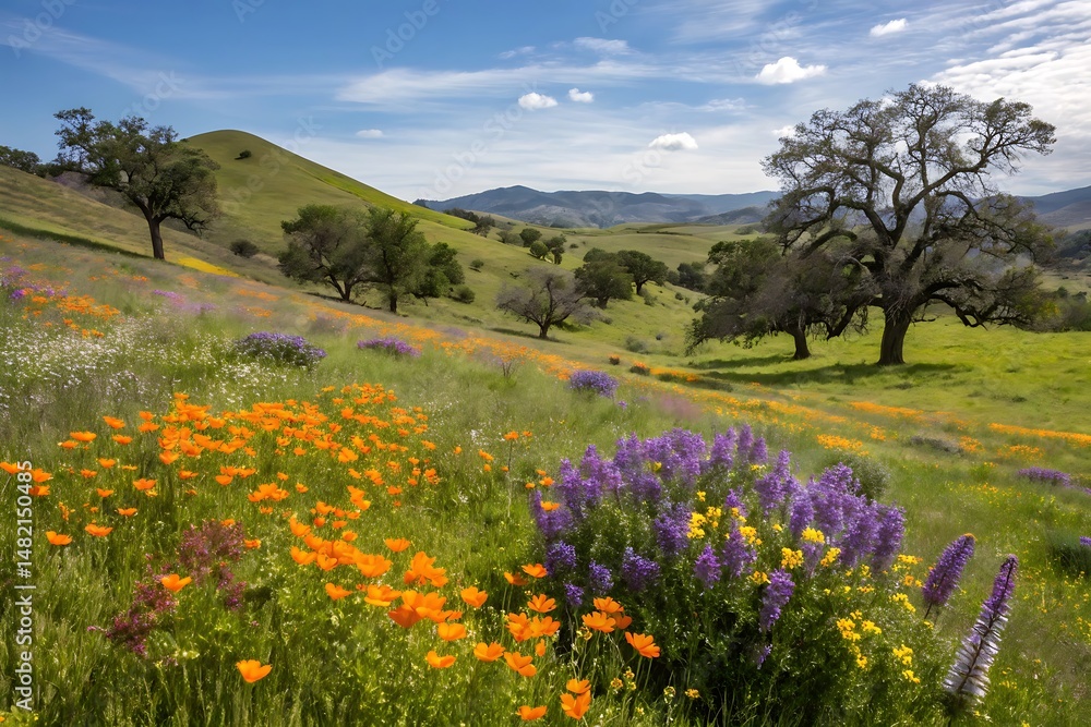 Fototapeta premium Vibrant Wildflower Meadow in Rolling Hills Landscape with Oak Trees under a Sunny Sky