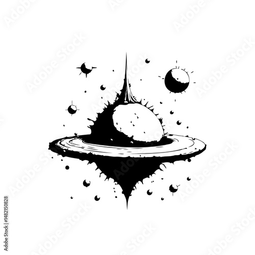 Monochrome illustration of a planetary body amidst celestial elements