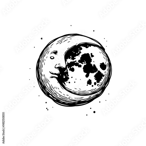 Stylized celestial body portrayal featuring a human face and cosmic textures