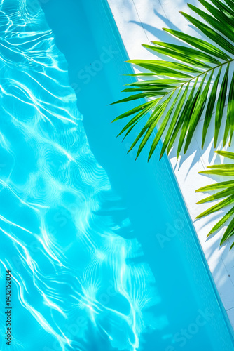 A blue swimming pool with a palm leaf on the edge