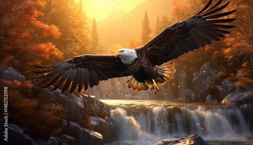Wallpaper Mural Eagle flying freely above the sky, with a stunning mountain backdrop at sunrise view Torontodigital.ca