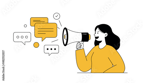 Female communicator with megaphone and speech bubbles in minimalist illustration