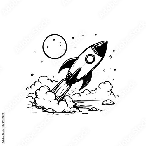 Monochrome stylized rocket launch illustration with celestial elements in space