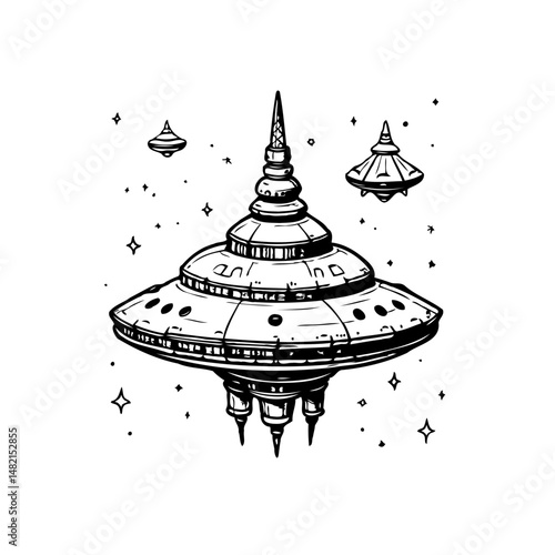 Sketch of interstellar saucers and stars, minimalist artwork for cosmic theme