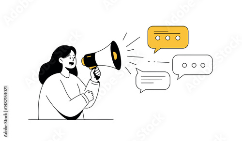 Female communicator with megaphone and speech bubbles in minimalist illustration