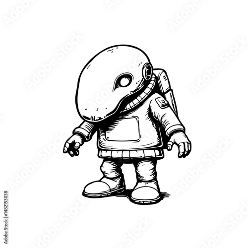 Quirky monochromatic illustration of a melancholic astronaut-like cartoon character