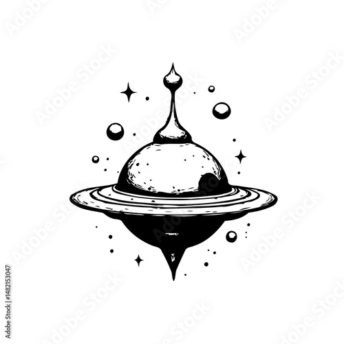 Whimsical celestial body concept with rings and decorative cosmic elements