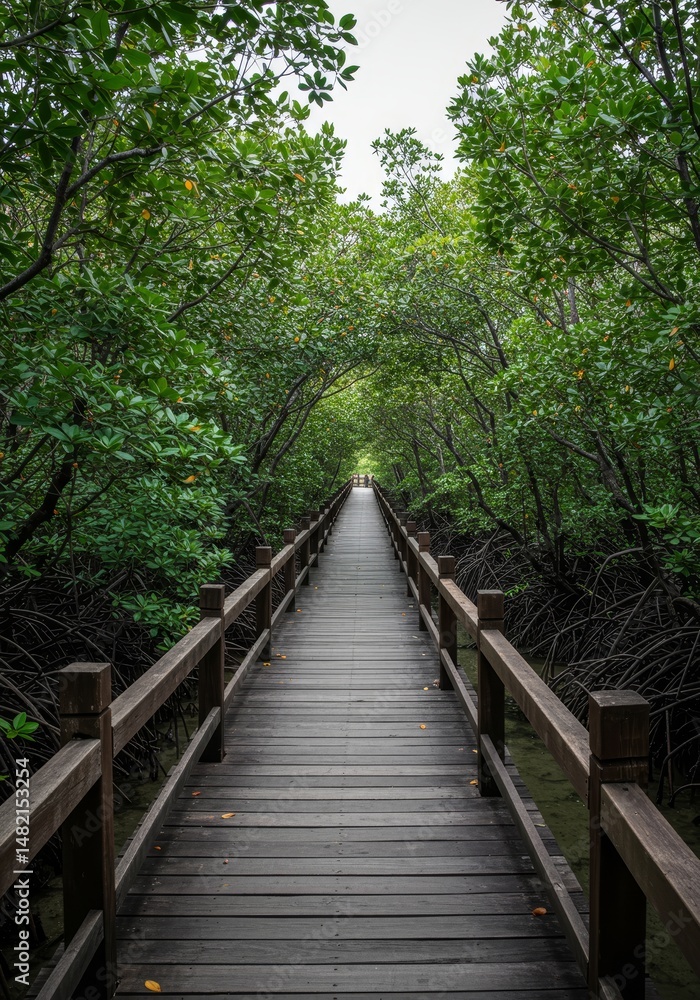 Fototapeta premium Photo of Wooden Walkway Through Lush Mangrove Forest