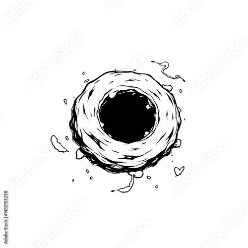 Abstract monochrome ring shape illustration with textured outline and dark core